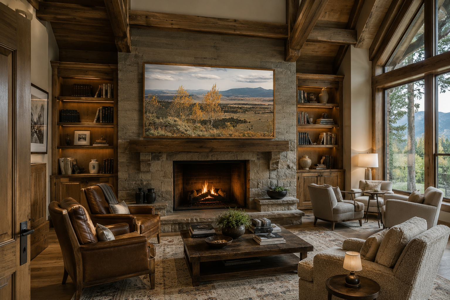 Autumn Wyoming landscape photography installed above a fireplace in a warm lodge-inspired living room by Dan Sproul